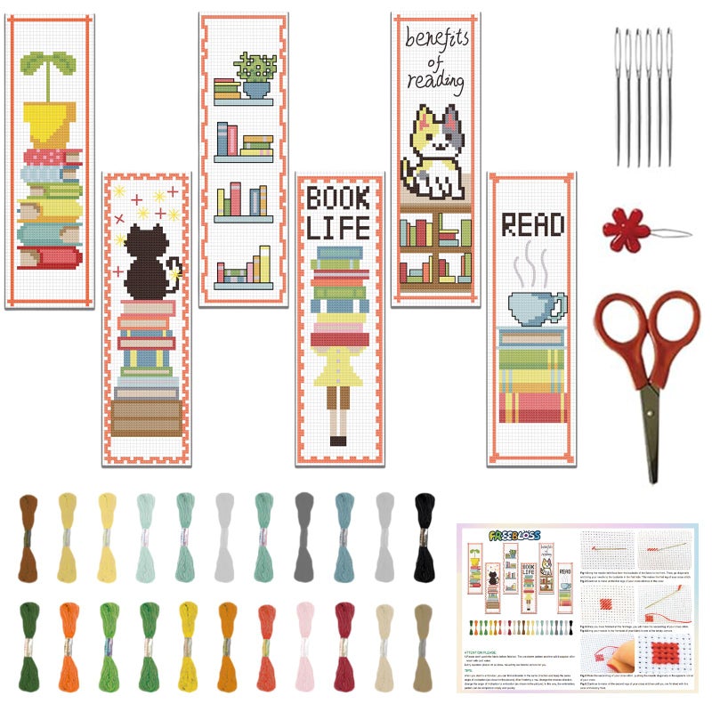 FREEBLOSS 6 Set Cross Stitch Bookmark Kit Cross Stitch Kit Cute Stamped Embroidery Bookmark with Instruction Cross Stitch Kits for Adults DIY Bookmark Kit 8 ' 'x2.4 ' ' - Image 1